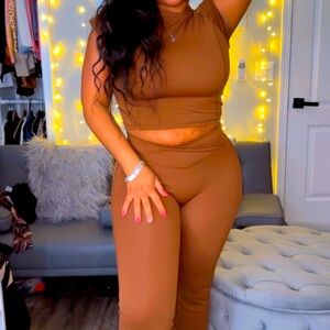 High-Rise Flare Pants Set in Rust - Two-Piece Lounge Set
